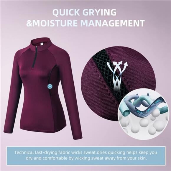 Womens Athletic Tops Long Sleeve Quick Dry UPF 50+ Soft Quarter Zip Pullover - Picture 4 of 8